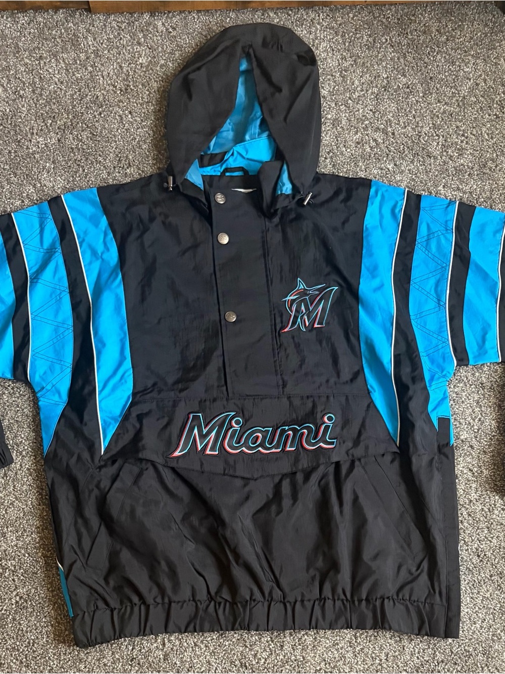 STARTER Miami Black and Teal Hooded Pullover Windbreaker